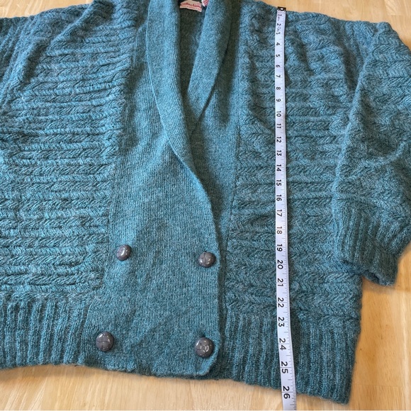 Vintage 80s Wool Blend Knit Double Breasted Shawl Collar Cardigan - Teal - Picture 9 of 13